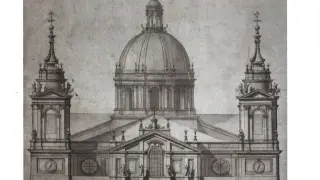 Alzado de la fachada oriental del Pilar, según diseño de Ventura Rodríguez que nunca se llegó a ejecutar