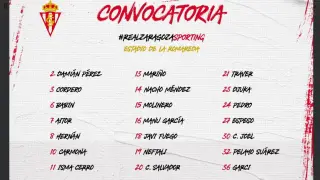 Los 18 convocados del Sporting de Gijón que viajan hacia Zaragoza tras el último entrenamiento de este martes en Mareo.