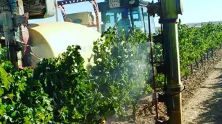 Una máquina, durante la pulverización de ozono en las viñas.