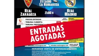 Cartel de 'no hay billetes' colgado por el Real Zaragoza en su página web poco antes de la 1 de la tarde de este sábado.