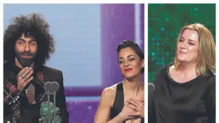Natalia Moreno y Carla Pérez de Albéniz, dos de las galardonadas, en el escenario de los Goya 2020.