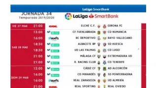 Horarios y fechas de la 34ª jornada, con el Real Zaragoza-Almería como partido estelar.