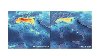 Las emisiones de dióxido de nitrógeno (más rojo en el mapa a mayor concentración) se han reducido en el norte de Italia coincidiendo con las medidas frente al coronavirus.
