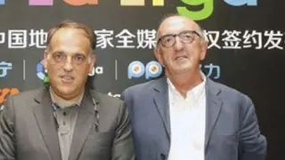Javier Tebas (La Liga) y Jaume Roures (Mediapro), en un acto promocional.