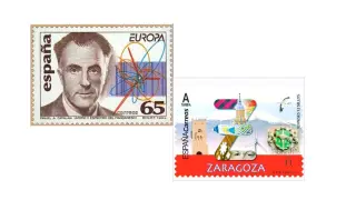 A la izquierda, serie Europa. Descubrimientos (1994). A la derecha, serie 12 meses, 12 sellos (2019).