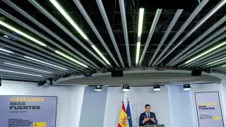 Pedro Sánchez durante su rueda de prensa en la Moncloa.