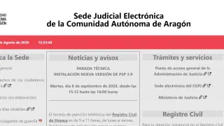 Página web de la Sede Judicial Electrónica de Aragón.