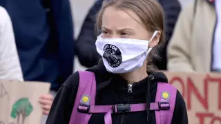 La activista por el clima Greta Thunberg, en la protesta ante el Parlamento de Estocolmo (Suecia).