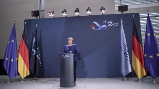 Angela Merkel durante su discurso de felicitación a Joe Biden