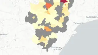 Mapa de Aragón con los nuevos casos de coronavirus registrados en las últimas 24 horas