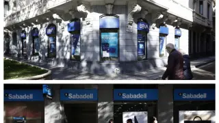 Oficinas de BBVA y el Banco Sabadell, en el paseo Pamplona de Zaragoza.