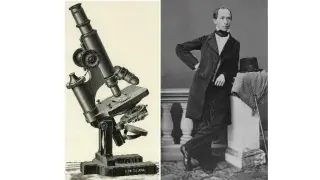 Microscopio compuesto (1891); a la derecha, Carl Zeiss hacia 1850.