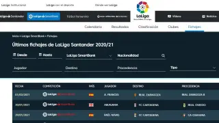 Momento en el que la LFP ha incluido en su página web, en el apartado de nuevos fichajes, a Francés como nuevo jugador del primer equipo del Real Zaragoza tras cambiar su ficha del filial.