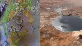 Imagen real de un antiguo delta del cráter Jezero captado por el Mars Reconnaissance Orbiter de la NASA y recreación del lago que pudo cubrir este cráter hace miles de millones de años, con entrada y salida de agua.
