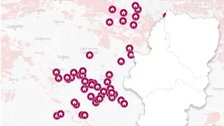 Mapa de Aragón con los pisos de la Sareb repartidos por Zaragoza, Huesca y Teruel