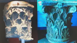 El capitel romano hallado en el Casco Antiguo de Huesca (i) y su reproducción.