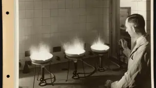 Tres mecheros Bunsen, en un laboratorio de la Dearborn Chemical Company en una imagen de 1934.
