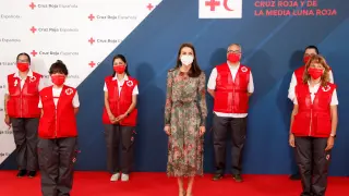 La reina Letizia posa con unos voluntarios a su llegada para presidir el acto conmemorativo del Día Mundial de la Cruz Roja y de la Media Luna Roja 2021