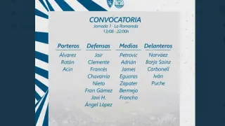 Primera lista de 23 convocados del Real Zaragoza en la liga 21-22 que este viernes comienza ya.