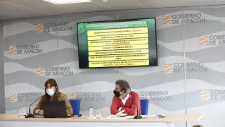 Sira Repollés y Francisco Javier Falo, ante la pantalla con las nuevas actividades para las que se exigirá el pasaporte covid.