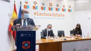 El ministro de Cultura y Deporte, Miquel Iceta, interviene en la presentación del Plan de Fomento de la Lectura 2021-2024, en la sede del Ministerio.