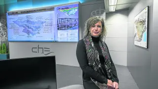 La presidenta de la CHE, María Dolores Pascual, en la sala del Sistema Automático de Información Hidrológica (SAIH), el martes.