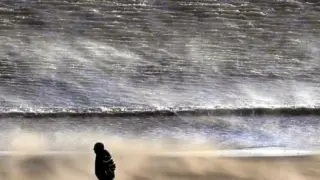Una persona pasea a un perro en una ventosa playa de Tynemouth en la costa noreste de Inglaterra.