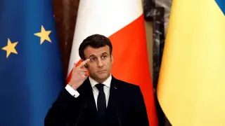 Emmanuel Macron, el presidente francés, en la rueda de prensa conjunto con Zelenski, su homólogo ucraniano