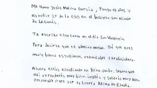 La carta de Jesús Molina, un niño de 13 años con autismo, dirigida a la princesa Leonor.