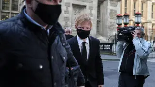 Musician Ed Sheeran arrives at the Rolls Building for a copyright trial over his song 'Shape Of You', in London