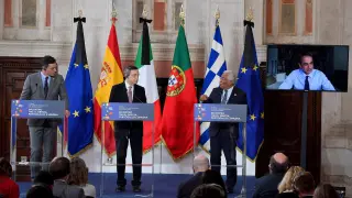 Los jefes de Gobierno de España, Italia, Portugal y Grecia: Pedro Sánchez, Mario Draghi, Antonio Costa y Kyiriakos Mitsotakis.