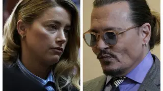 Combo de imágenes de Amber Heard y Johnny Depp durante el juicio