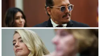 Combo de imágenes de Johnny Depp y Amber Heard durante el juicio