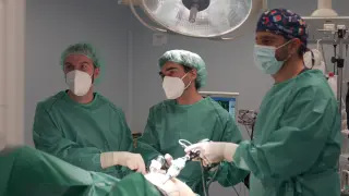 Algunos miembros del equipo de Urología de Quirónsalud Zaragoza realizando una intervención.