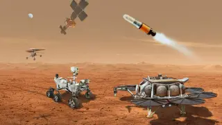 Ilustración que muestra a múltiples robots que se unirían para transportar a la Tierra muestras recolectadas de la superficie de Marte.