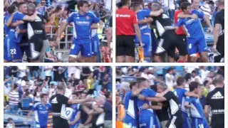 Capturas del vídeo de la celebración del gol de Zapater en las que Francho (número 14) muestra su evidente cojera y el vendaje en el muslo derecho.