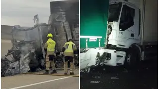 Combo de imágenes de los accidentes mortales registrados este martes en Pina de Ebro y en La Almolda
