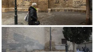 Antes y después de los grafitis pintados en la fachada de la Seo