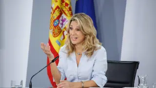 La vicepresidenta segunda y ministra de Trabajo y Economía Social, Yolanda Díaz, durante una rueda de prensa posterior al Consejo de Ministros