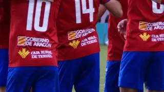 Los jugadores del Teruel celebran uno de los goles anotados en Pinilla contra el Manresa.