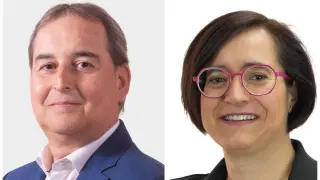 Alfonso Adán, candidato del PSOE a la alcaldía de Binéfar, y Patricia Rivera, candidata del PP.