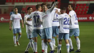 Los jugadores del Real Zaragoza celebran el gol de falta de Pep Biel (número 26) logrado en Tarragona el 12 de noviembre de 2018, el último hasta hoy con este formato.
