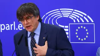Catalan MEP Carles Puigdemont speaks as he holds a joint press conference with Catalan MEPs Antoni Comin and Clara Ponsati regarding their immunity at the European Parliament, in Brussels, Belgium July 5, 2023. REUTERS/Yves Herman