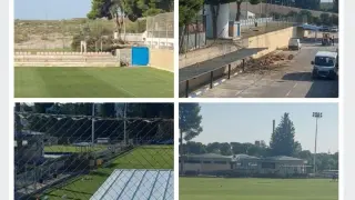 Cuatro imágenes de los efectos de la tormenta del pasado jueves en la Ciudad Deportiva, con vallas y pinos caídos en la zona de los campos de entrenamiento.