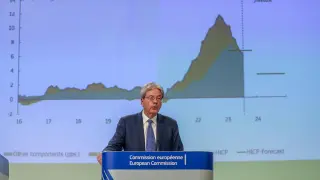 Paolo Gentiloni, durante una rueda de prensa para presentar las previsiones económicas europeas del verano de 2023 en Bruselas, Bélgica.