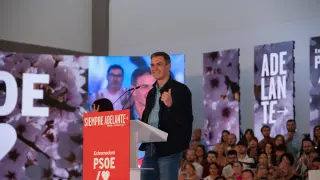 El secretario general del PSOE y presidente del Gobierno en funciones, Pedro Sánchez, interviene durante un acto público del partido, en la Institución Ferial de Mérida