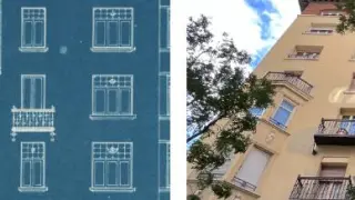 A la izquierda, un plano de la fachada lateral de un edificio de viviendas del paseo de Pamplona, 11. A la derecha, este mismo inmueble 100 años después.