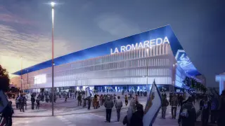 Recreación del exterior del futuro campo de fútbol de La Romareda, según el proyecto del arquitecto César Azcárate