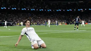 Brahim Diaz celebra su gol en el partido Real Madrid-Braga de Champions