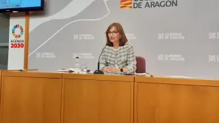 La directora del Instituto Aragonés de la Mujer (IAM), María Fe Antoñanzas, durante la presentación de la campaña por el 25N.